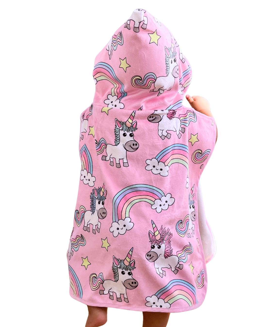 Hooded towel for baby (0-18 months): Magical unicorns (pink background)