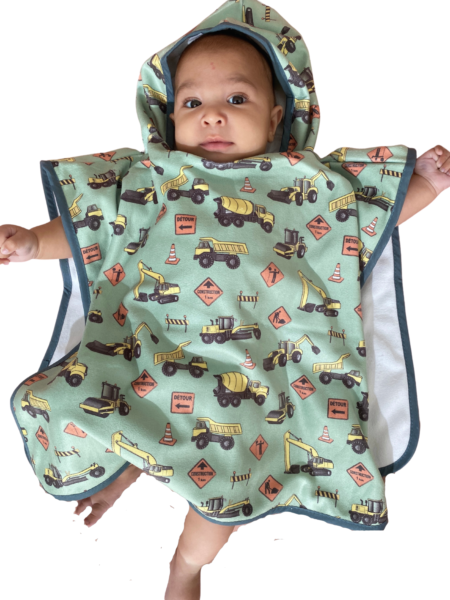 Hooded poncho towel for baby (0-18 months): Construction trucks (sage green background)