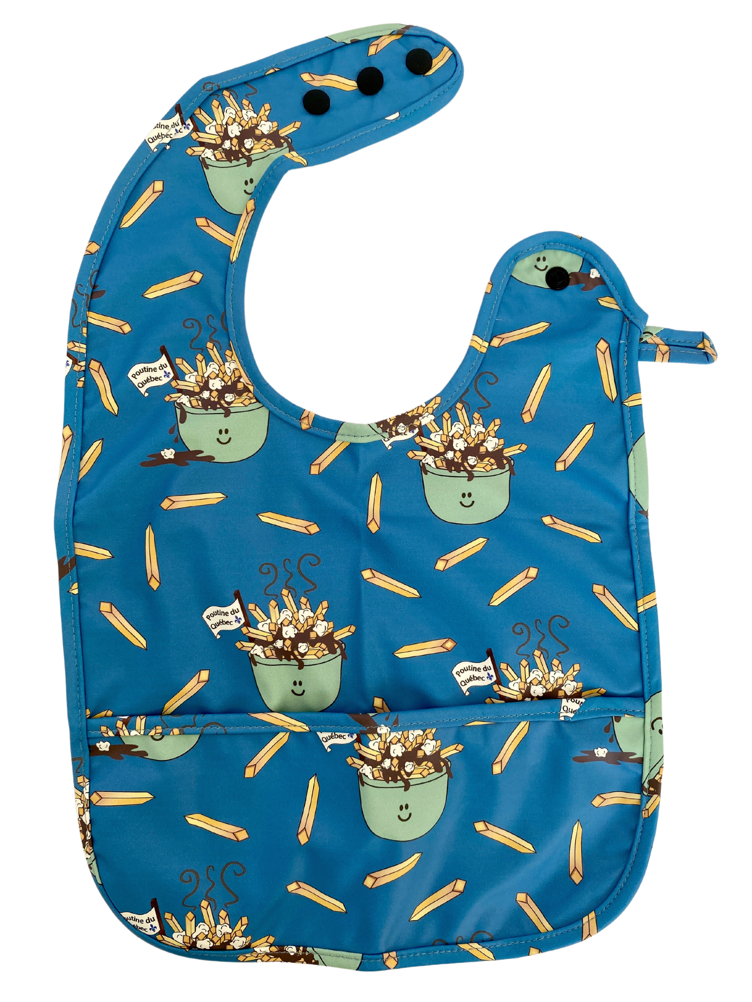 Waterproof Bib with Pocket: Quebec Poutines (Blue Background)
