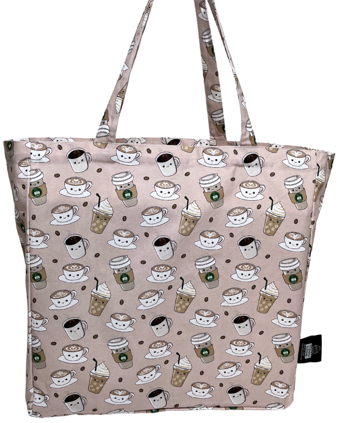 Illustrated reusable bag:Tipou Bébé Café (pink background)