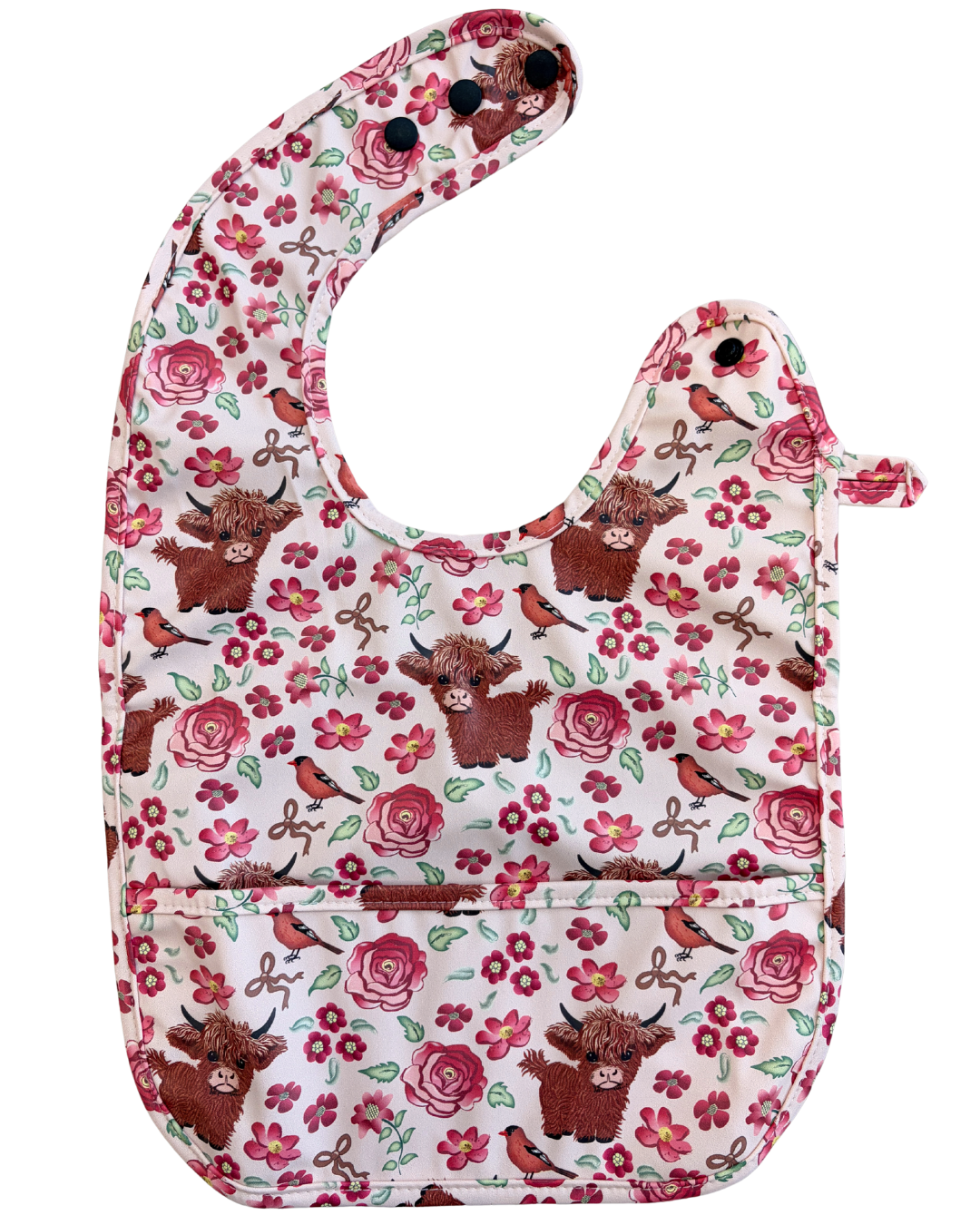 Bavette imperméable avec poche : Vaches Highland dans un jardin fleuri rose