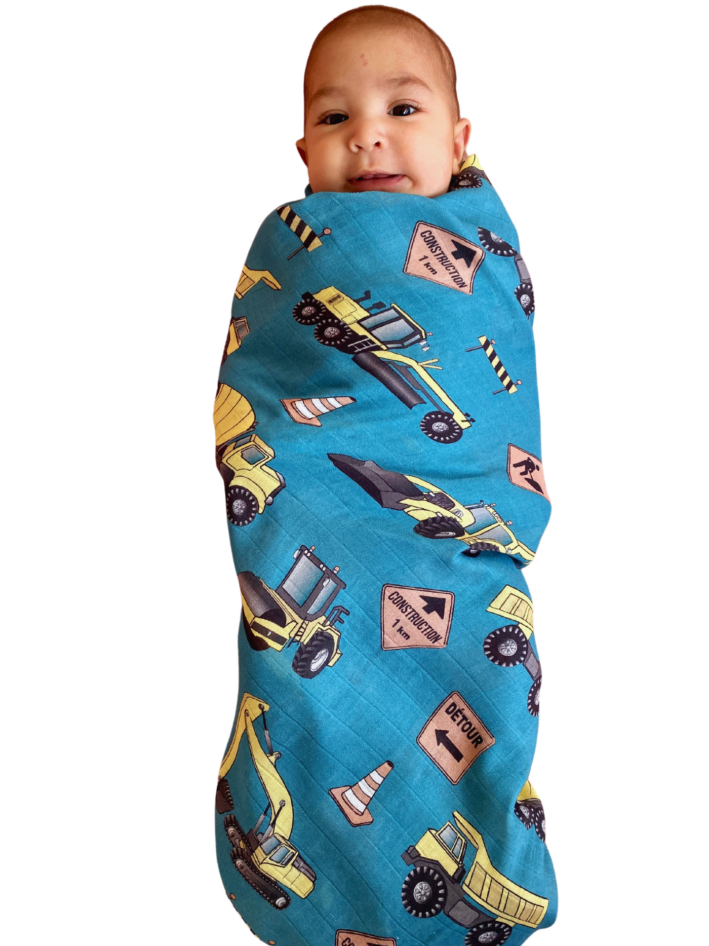 Muslin Swaddle: Construction Trucks (Teal Background)
