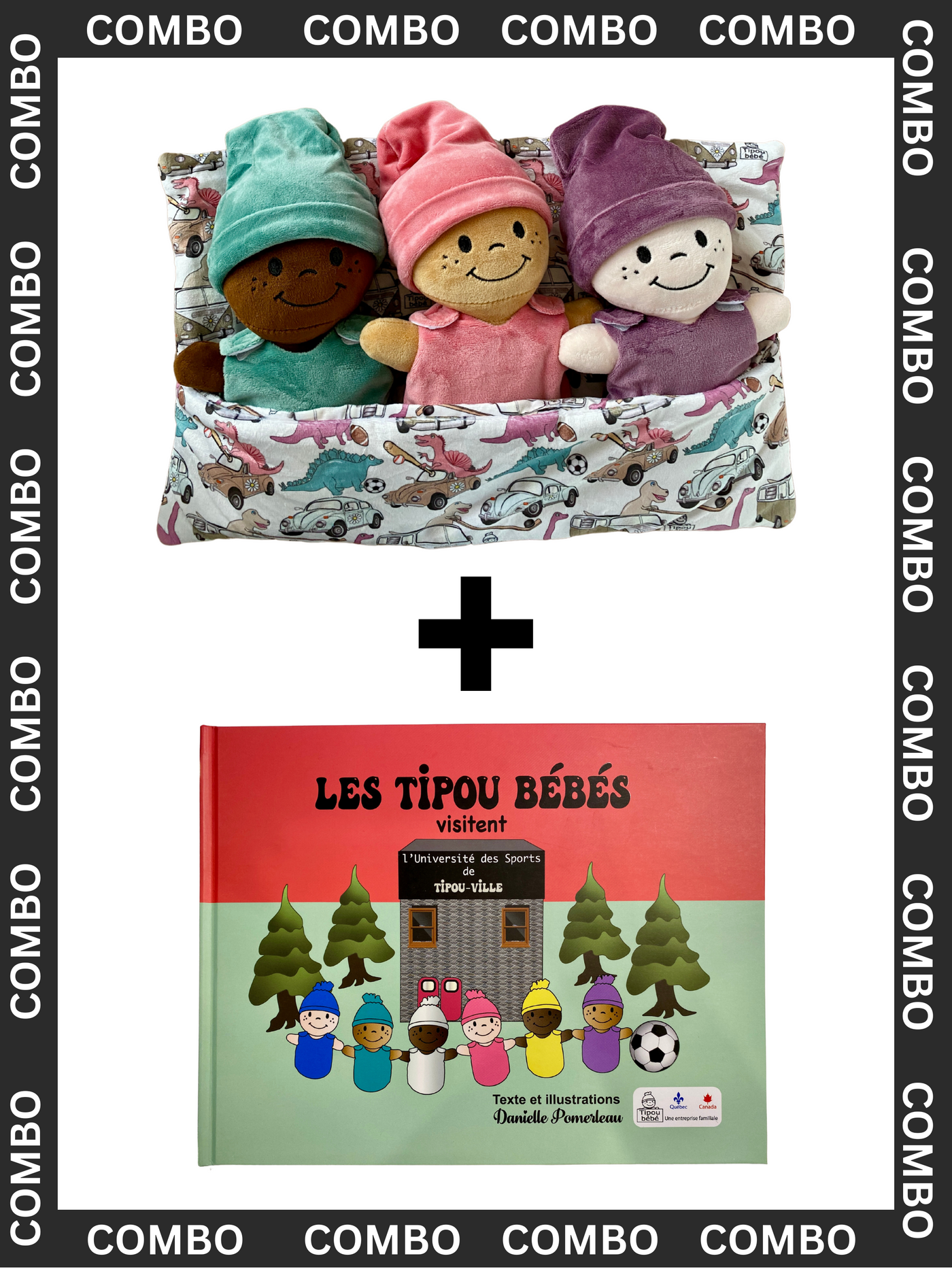 Combo: Set of three Tipou babies + the children's book LES TIPOU BÉBÉS VISITENT L'UNIVERSITÉ DES SPORTS DE TIPOU-VILLE
