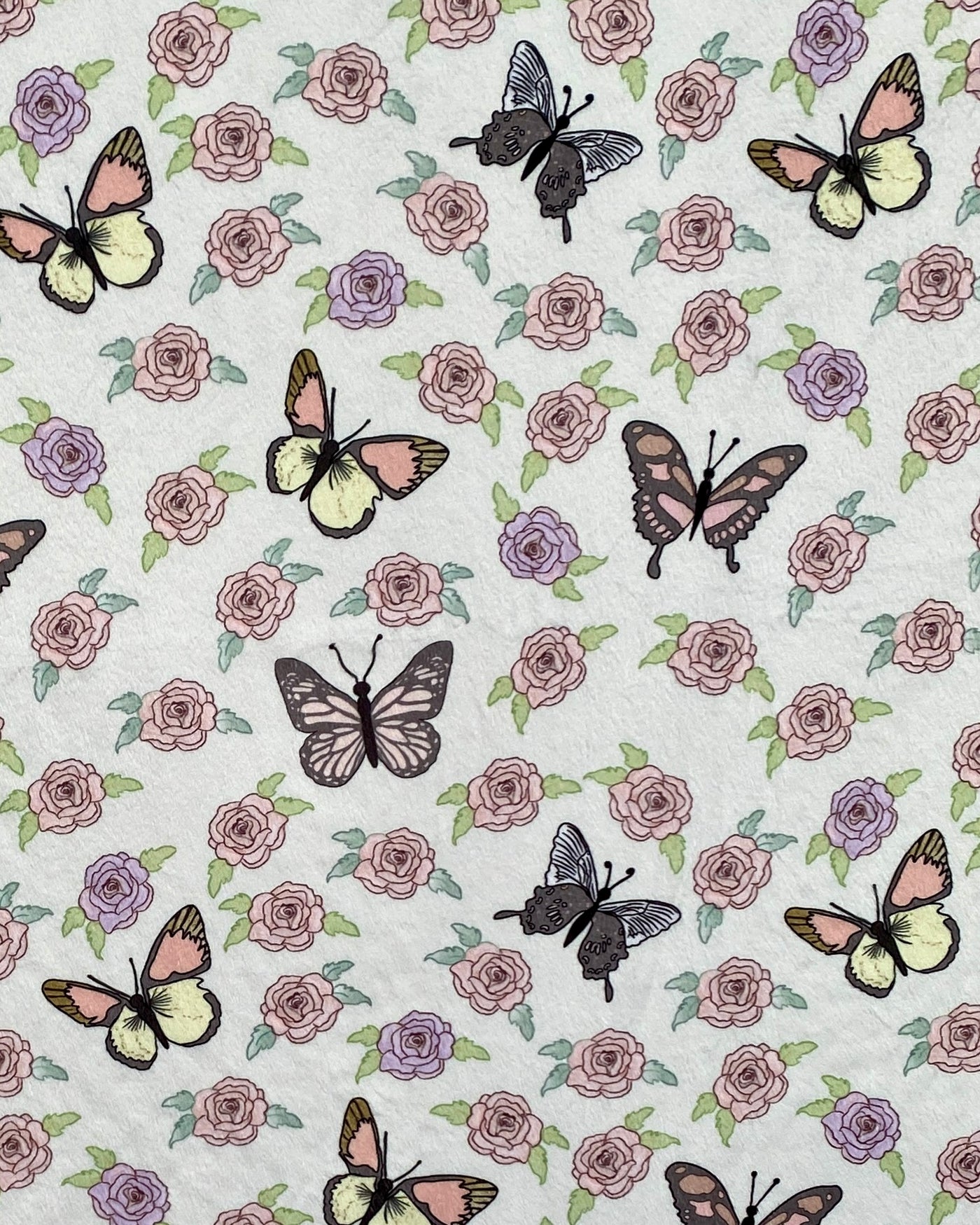 Baby Blanket: Butterflies in a rose garden (pink minky)