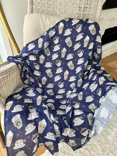 Muslin Swaddle Blanket: Tipou Baby Café (blue background)