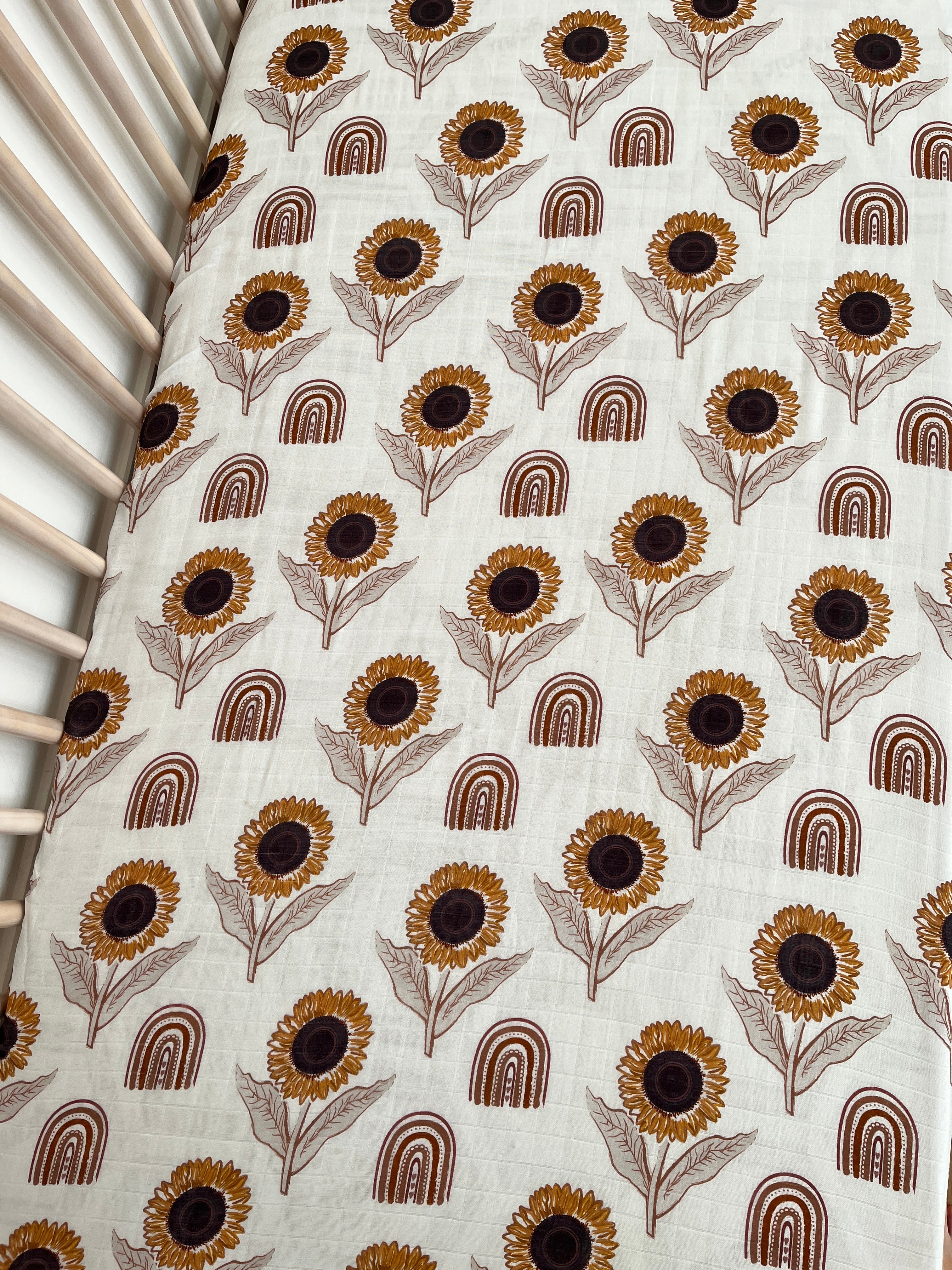 Drap contour pour bassinette en mousseline : Tournesols BOHO (fond crème)