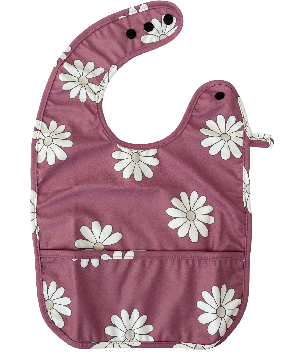 Waterproof Bib with Pocket: Daisies BOHO (Raspberry background)