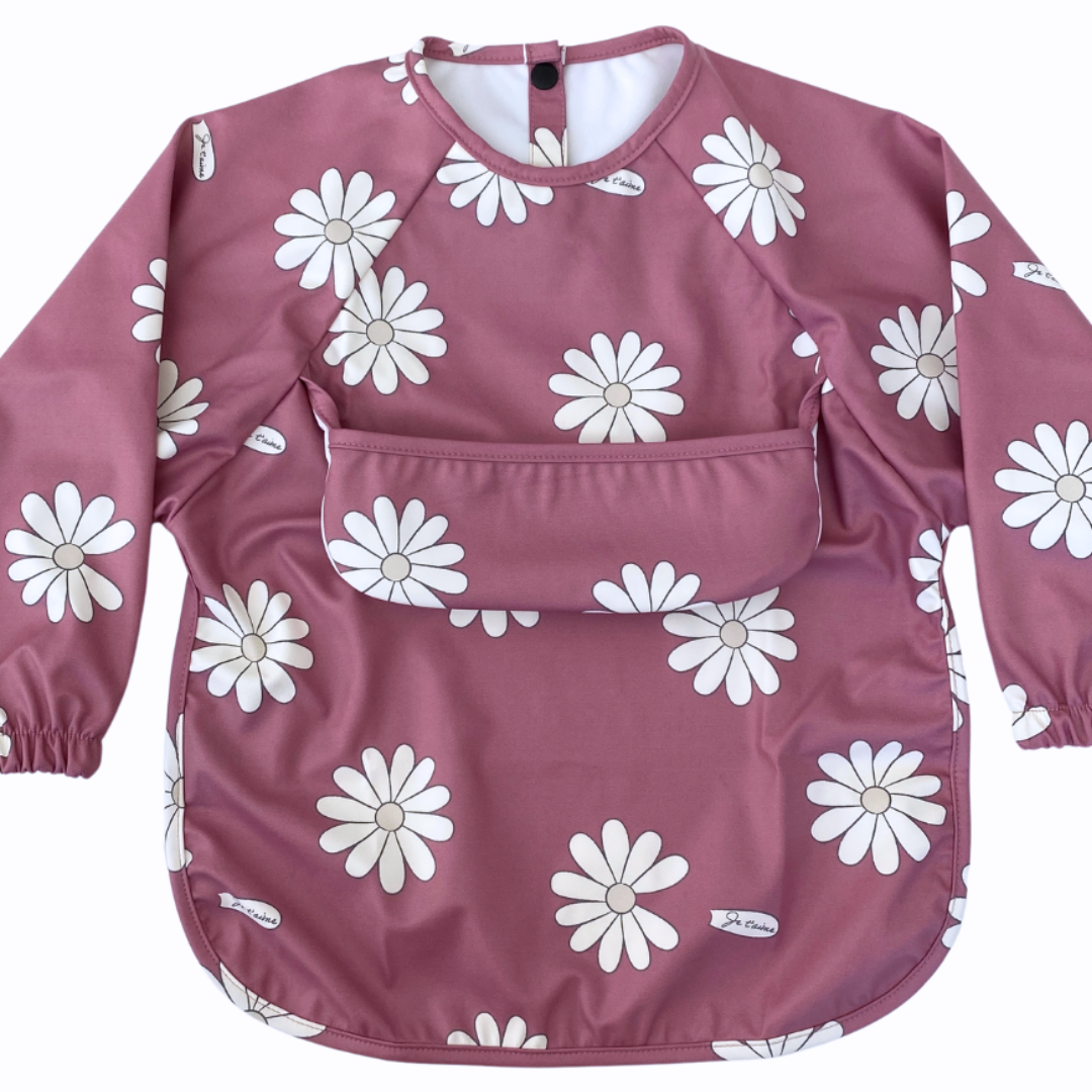 Waterproof Bib Apron with Long Sleeves and pocket: Daisies BOHO (Raspberry background)