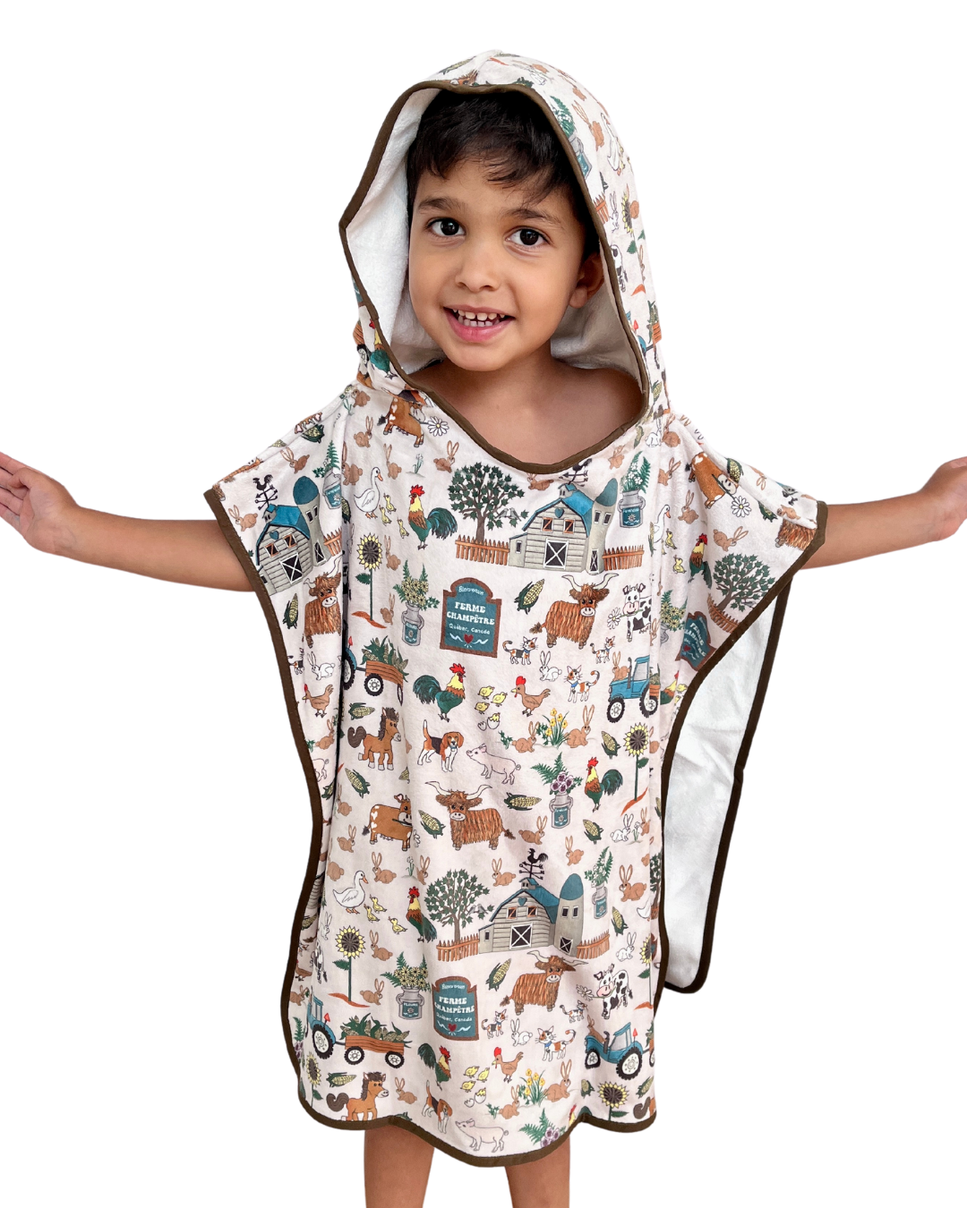 Serviette poncho à capuchon pour enfant (18 mois à 5 ans) : Ferme champêtre sarcelle
