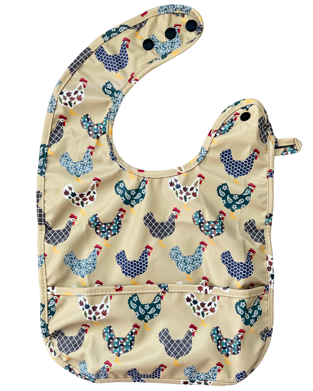 Waterproof bib with pocket: Chickens on the farm (farmhouse collection)