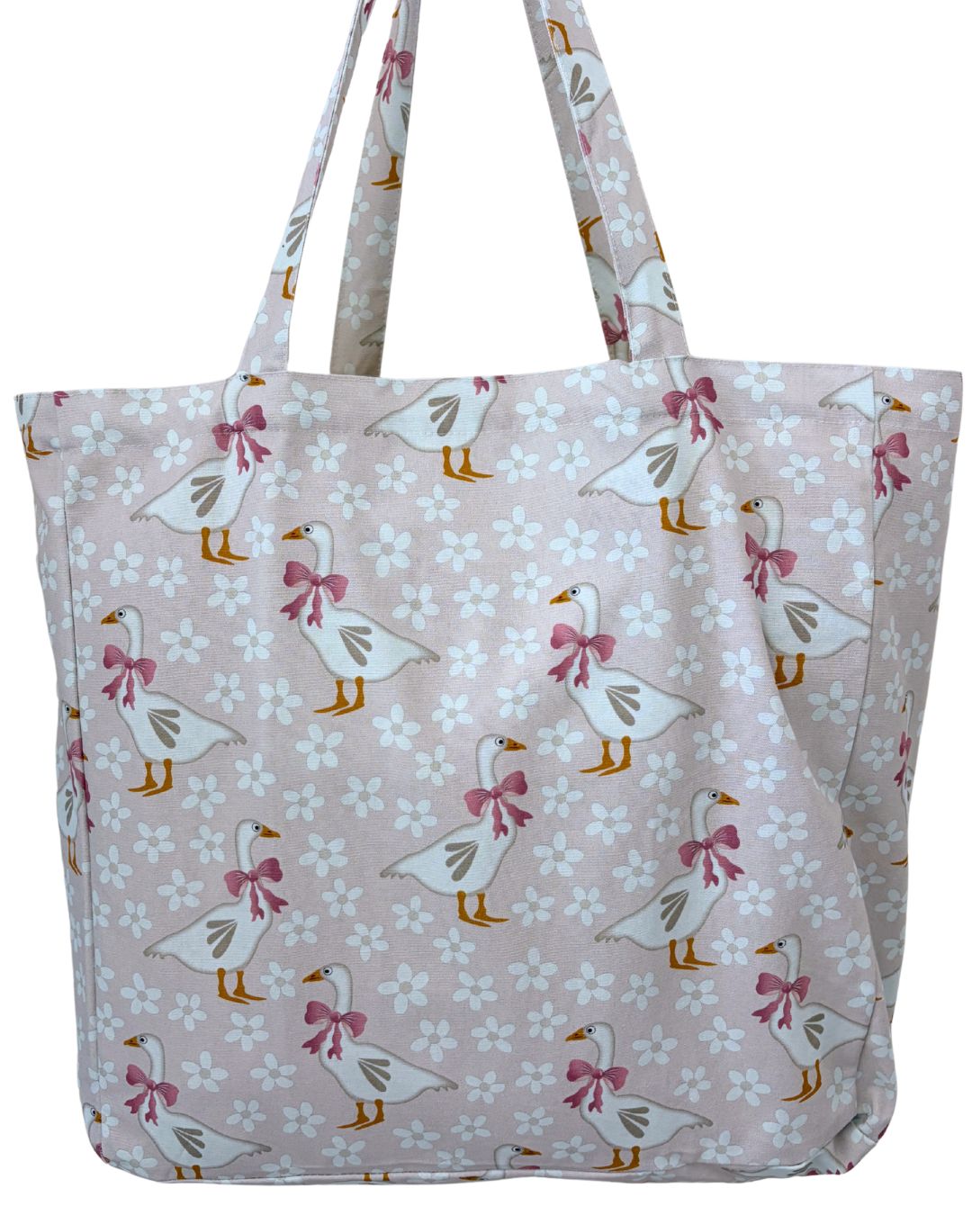 Sac réutilisable illustré : Oies jardins de marguerites fond rose