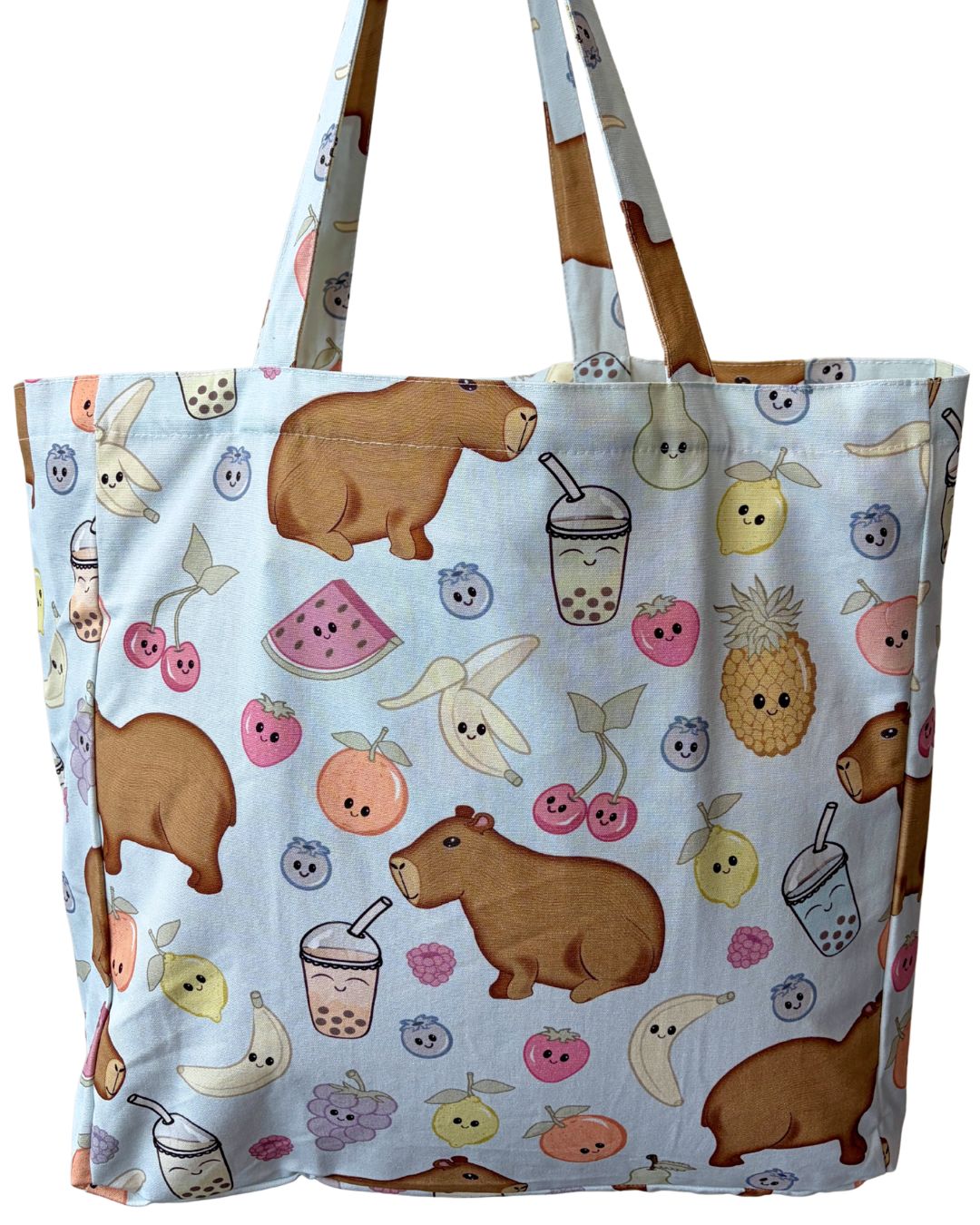 Sac réutilisable illustré : Capybaras, thé aux bulles et fruits