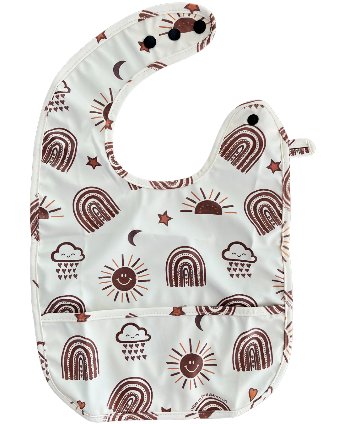 Waterproof bib with pocket: Radiant Sun BOHO (cream background)